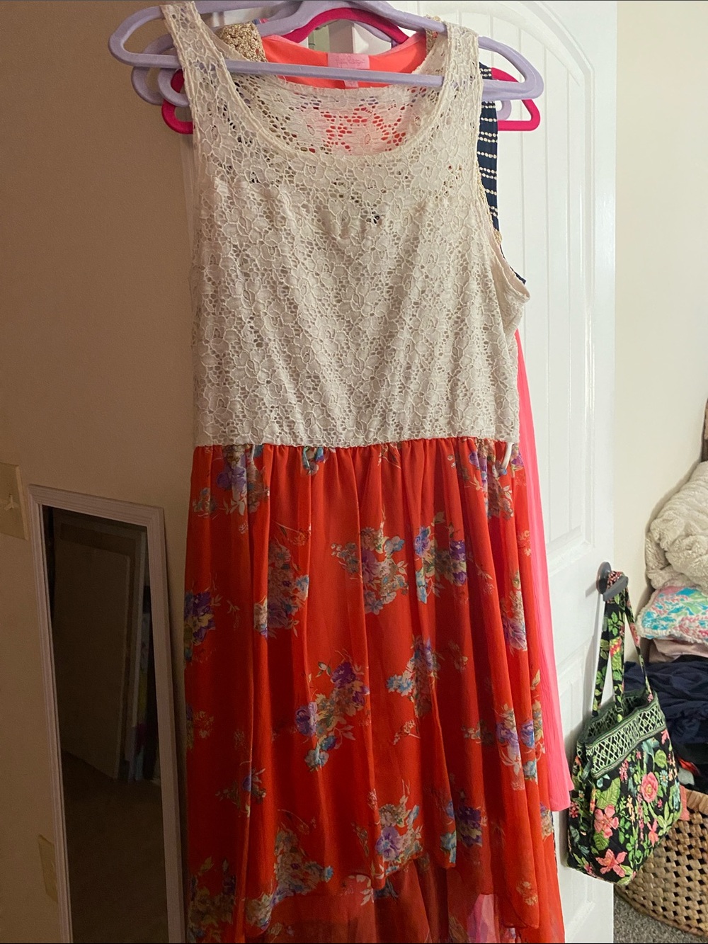 Deb Girls Orange Floral Skirt Cream Lace Bodice Dress